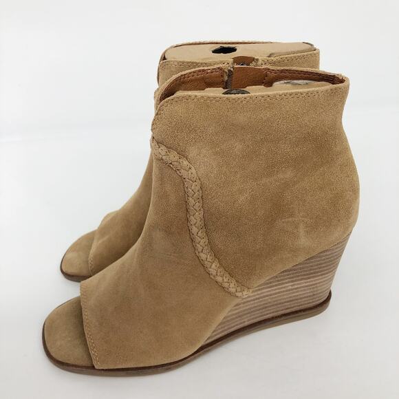 Lucky Brand Womens Lureli Wedge Booties 7.5 Tan Peep Toe Suede NWOB - Picture 6 of 10